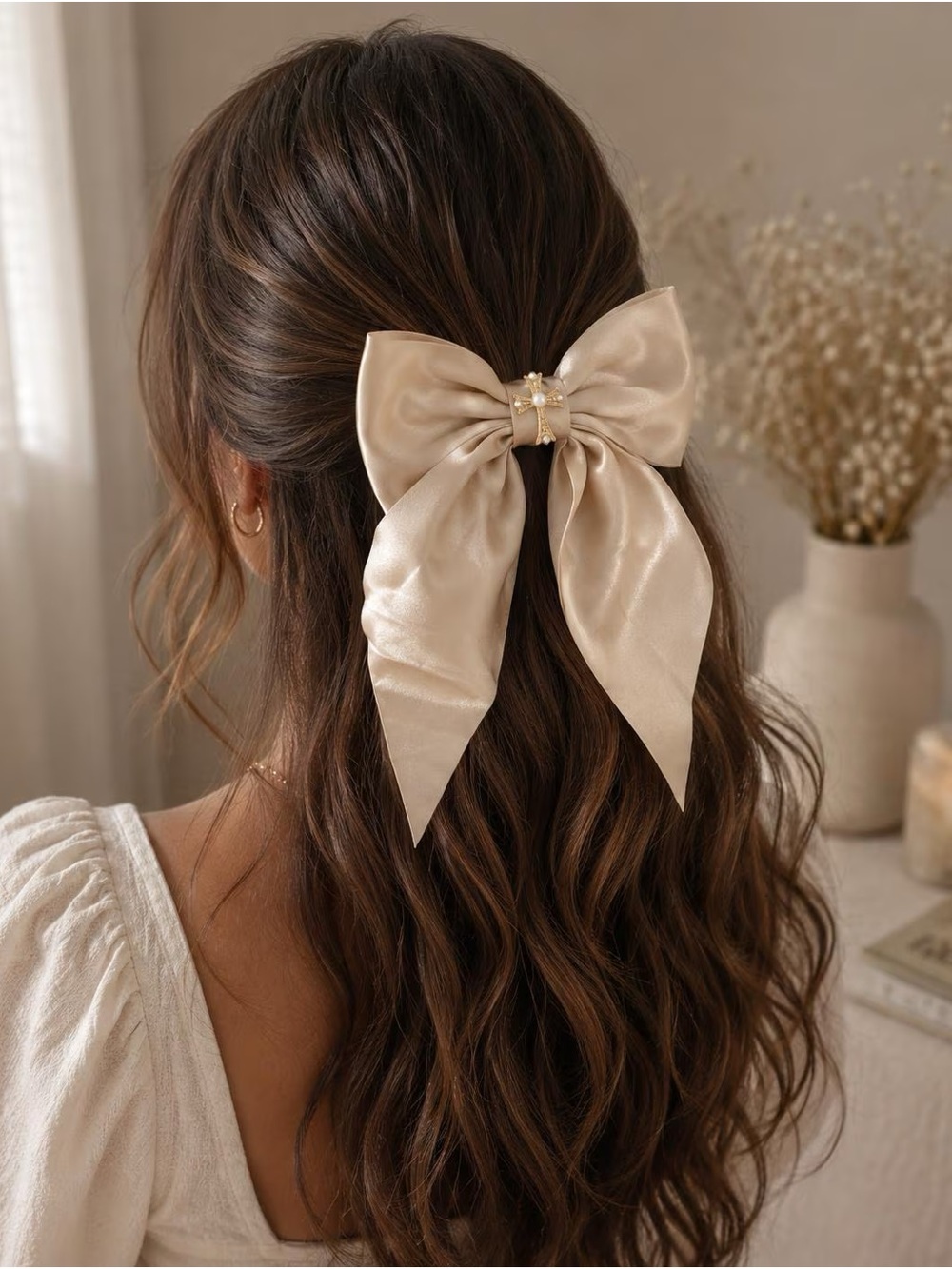 Pearl-Embellished Champagne gold Satin Bow Hair Clip